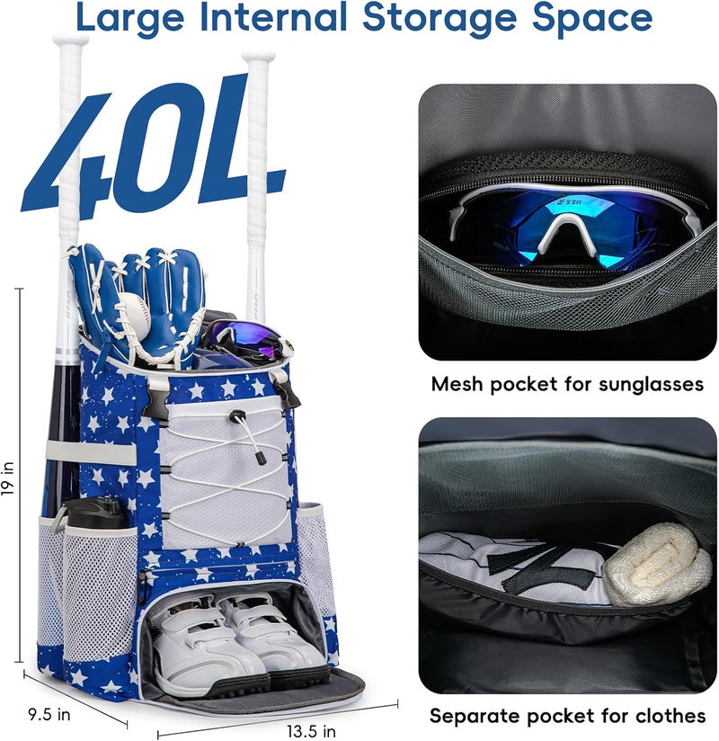 KAVIGOR Baseball Bag for Youth and Adult, Softball Backpack 40L Large Capacity, Bat Backpack with Shoes Compartment and Hidden Helmet Holder - Image 3